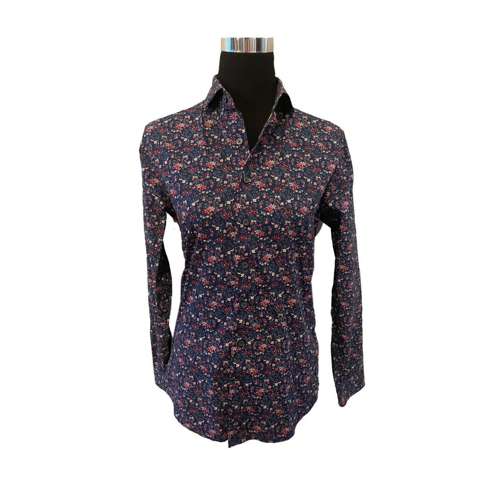 Express Slim Tailored XS Navy Floral Button Up Professional Career Work